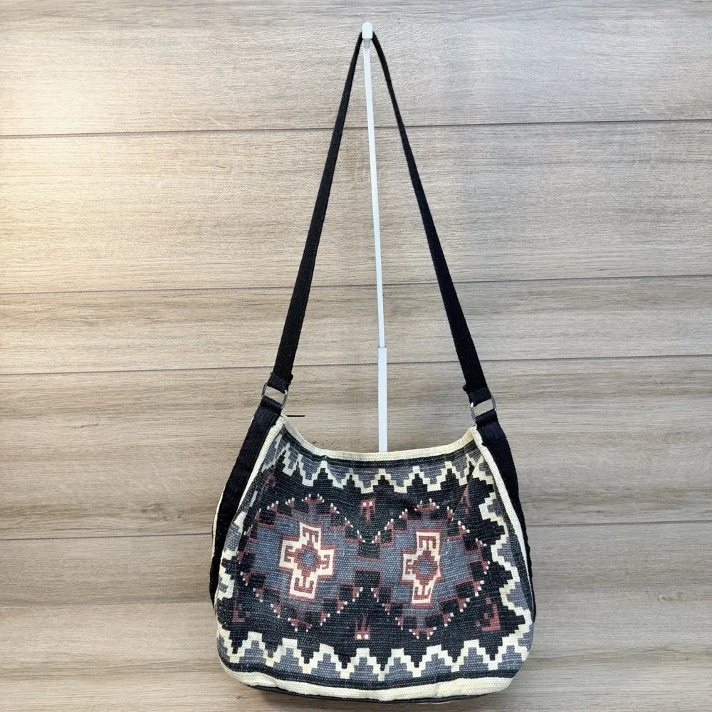 BOHO Made in INDIA Large Beige and Black Tapestry Yarn Woven Bag Purse Hippie